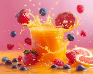 A glass of orange juice with strawberries, blueberries
