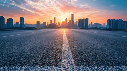 Empty asphalt road and city skyline with buildings at sunset Ai generated