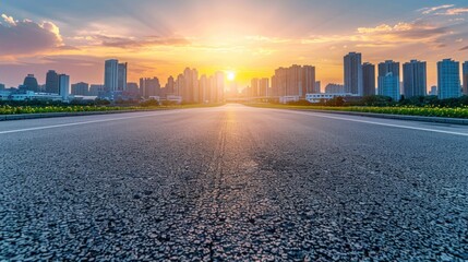 Empty asphalt road and city skyline with buildings at sunset Ai generated