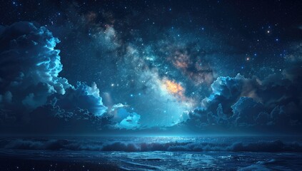 sky, glowing blue clouds, night sea, dark background, fantasy style