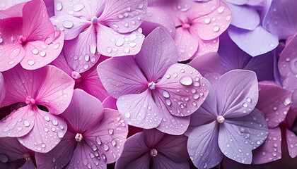 Hydrangea in dew, pink, purple, flower, June, water, rain, closeup