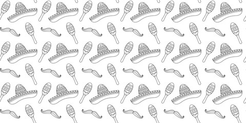 Sombrero hats and maracas line illustration seamless pattern on white background. Mexican seamless pattern