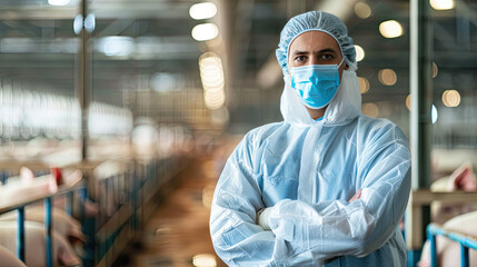 Veterinarian checks animal health on pig farm 
