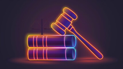 Gavel, books neon icon. Elements of Law & Justice set. Simple icon for websites