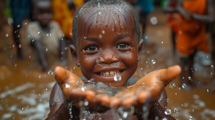 A young boy is holding his hands out to catch water