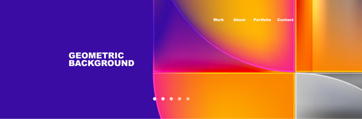 Fototapeta premium A vibrant geometric background with colorful squares and circles in shades of purple, amber, violet, and electric blue, resembling a playful sky on a sunny day