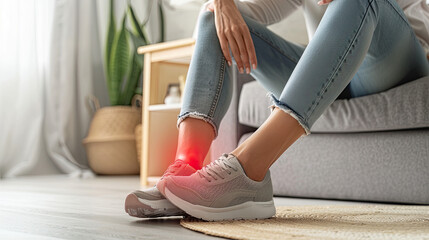 Woman displays inflamed heel, indicating plantar fasciitis