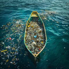 A boat is floating in the ocean with a lot of trash on it