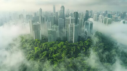 A city with tall buildings and a forest in the middle