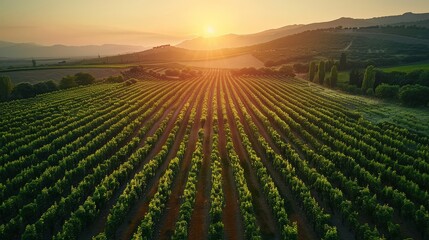 A field of grape vines with the sun setting in the background