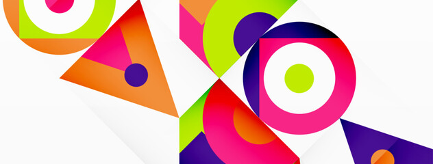 A vibrant display of colorful circles and triangles on a white background, showcasing the artistry of creative arts with patterns in shades of magenta. Shapes include rectangles and bold circles
