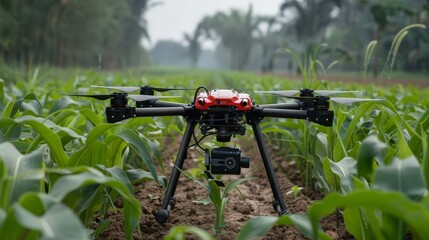 A red and black drone is flying over a field of corn