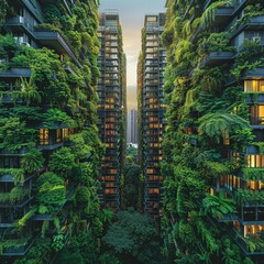 Two tall buildings with green plants growing on the sides