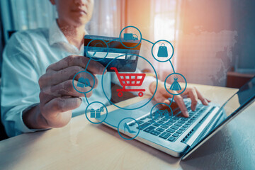 Customer open hologram graphic interface controlling device choosing online platform. Smart...