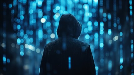 Silhouetted figure against a backdrop of luminous data streams, evoking themes of mystery and digital surveillance, Concept of privacy concerns, data mining, and technological oversight