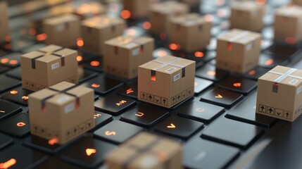 Miniature cardboard boxes on a laptop keyboard, illustrating the concept of e-commerce and online shopping logistics, Concept of digital marketplaces, supply chain management, and consumerism