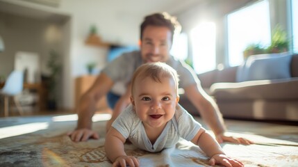 Joyful baby crawling towards camera with smiling father in background, in a well-lit modern living room; Concept of early childhood development, family bonding, and joyful parenting