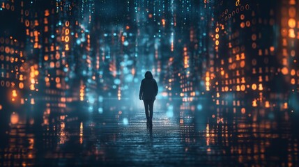Solitary figure walking through a futuristic digital cityscape with glowing binary codes, depicting concepts of technology, data privacy, and futuristic urbanism