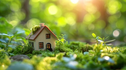 Miniature house placed on moss-covered ground surrounded by lush greenery, depicting eco-friendly living and sustainable housing, concept of green real estate and environmental conservation