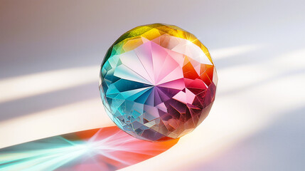 A colorful and round transparent glass crystal with colorful lights reflections, casting a beautiful shadow on the base.
