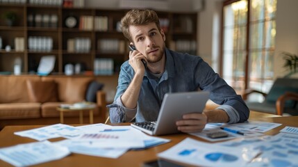 Obraz premium Concerned young businessman multitasking with a tablet and phone call in a busy office, depicting workplace stress, Concept of modern professional life and multitasking challenges