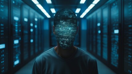 Man with a digital face standing in a server room, representing data security and the concept of digital identity, Concept of cybersecurity, technology, and identity protection