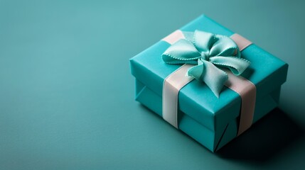 Teal gift box with satin ribbon, evoking the elegance and anticipation of a special occasion, Concept of gifting, celebration, and thoughtful gestures