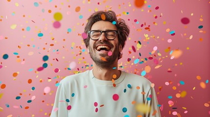 Joyful man laughing with glasses and white shirt amidst colorful confetti, pink background - Concept of celebration, happiness, and festive mood