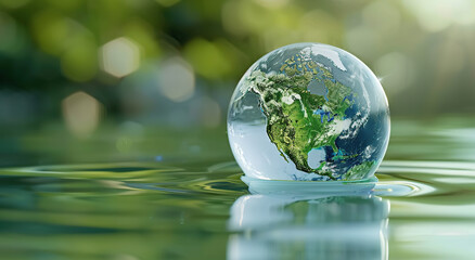 A glass sphere with the Earth inside, floating on water, symbolizing global environmental protection