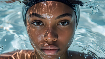 Streamlined Aquatic Style: Swim Cap on Black Swimmer, Hydrodynamic Elegance: Swim Cap for African-American Athlete, Dynamic Swimwear: Black Female Athlete in Swim Cap