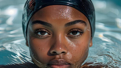 Streamlined Aquatic Style: Swim Cap on Black Swimmer, Hydrodynamic Elegance: Swim Cap for African-American Athlete, Dynamic Swimwear: Black Female Athlete in Swim Cap