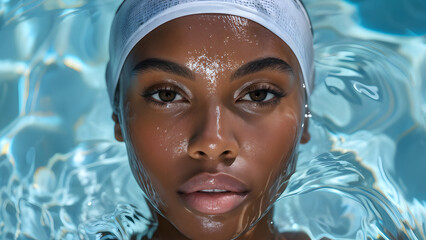 Streamlined Aquatic Style: Swim Cap on Black Swimmer, Hydrodynamic Elegance: Swim Cap for African-American Athlete, Dynamic Swimwear: Black Female Athlete in Swim Cap