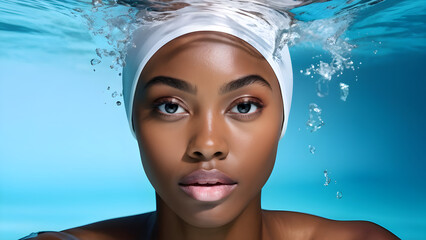 Streamlined Aquatic Style: Swim Cap on Black Swimmer, Hydrodynamic Elegance: Swim Cap for African-American Athlete, Dynamic Swimwear: Black Female Athlete in Swim Cap