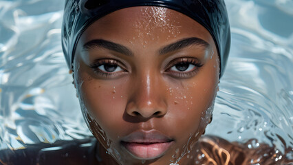 Streamlined Aquatic Style: Swim Cap on Black Swimmer, Hydrodynamic Elegance: Swim Cap for African-American Athlete, Dynamic Swimwear: Black Female Athlete in Swim Cap