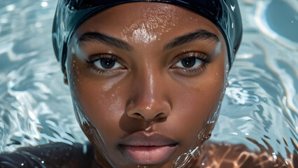 Streamlined Aquatic Style: Swim Cap on Black Swimmer, Hydrodynamic Elegance: Swim Cap for African-American Athlete, Dynamic Swimwear: Black Female Athlete in Swim Cap