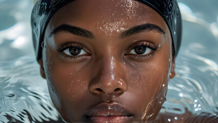 Streamlined Aquatic Style: Swim Cap on Black Swimmer, Hydrodynamic Elegance: Swim Cap for African-American Athlete, Dynamic Swimwear: Black Female Athlete in Swim Cap