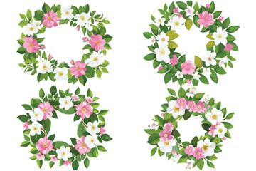 Round wreath of leaves and camellias and sakura flowers, Floral frame with pink camellias and white sakura flowers and leaves, Vector illustration