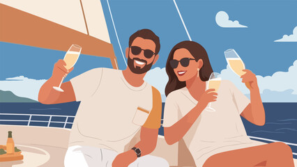 Luxurious Champagne Cruise - Vector Illustration of Couple Enjoying Elegance on a Luxury Yacht. EPS 10.