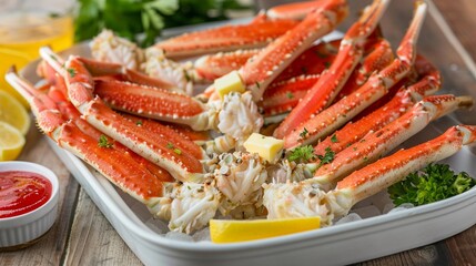 Crab Legs arranged on a white serving tray, accompanied by drawn butter and cocktail sauce
