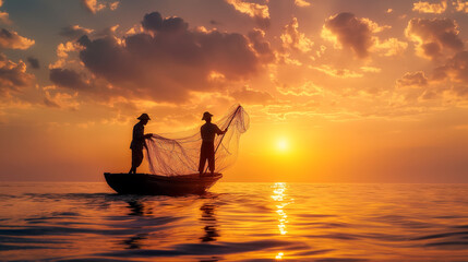 Fisherman at dusk pulling a fishing net with catch onto the boat, Silhouette against the setting sun