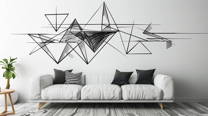 A geometric design created in black sketch against a white living room wall
