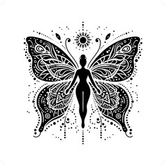 butterfly silhouette in bohemian, boho, nature illustration
