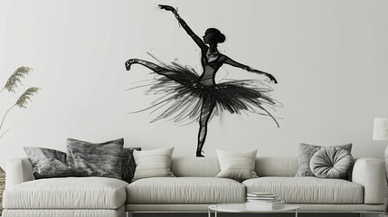  A graceful ballerina captured in a black sketch on a white living room wall