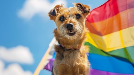 Cute dog sitting near LGBT flag