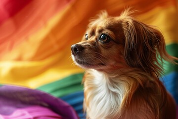 Cute dog sitting near LGBT flag