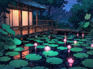 A traditional Japanese house with fountain full of gorgeous water lily at night.