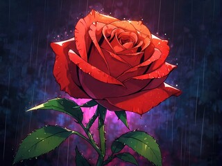 A gorgeous red rose blooming during the night rain with vibrant colors.