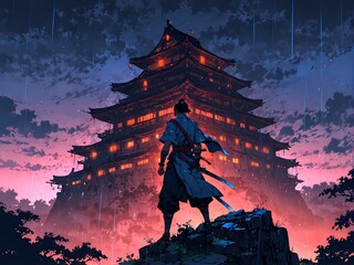 A legendary samurai standing in front of an ancient Japanese castle during the night with beautiful neon lights.