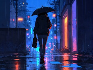 A woman with umbrella going home from work during the rain in the city full of neon lights.