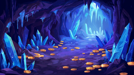 Treasure cave with blue crystals on walls vector cartoon illustration 